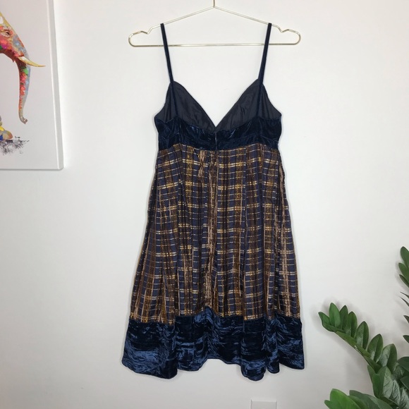 ๐HP๐ANNA Sui Blue Velvet & Gold Plaid Bow Dress - Picture 3 of 6